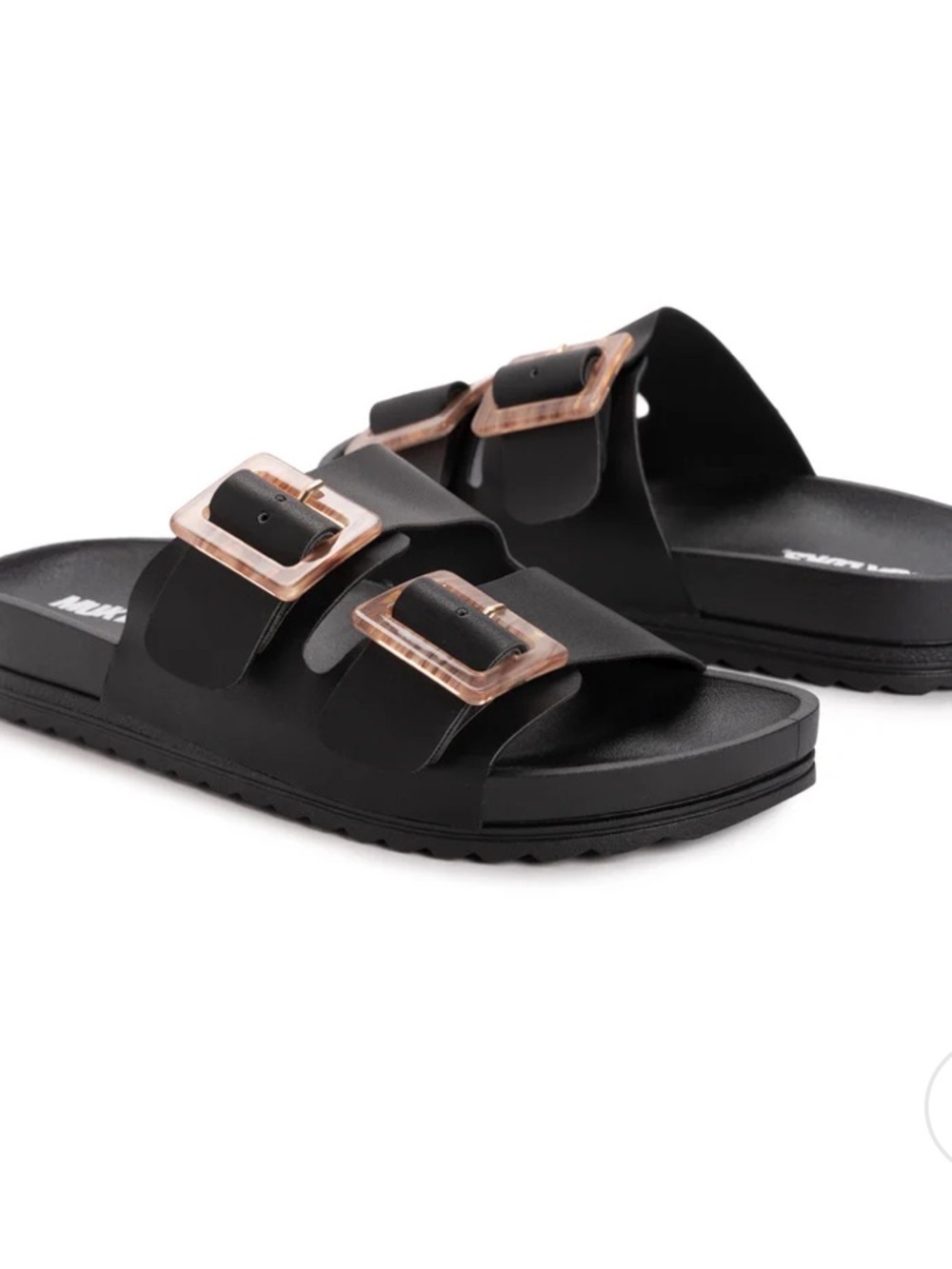 Muk Luks Grand Cayman Black Slide Sandals with Rose Gold Buckles